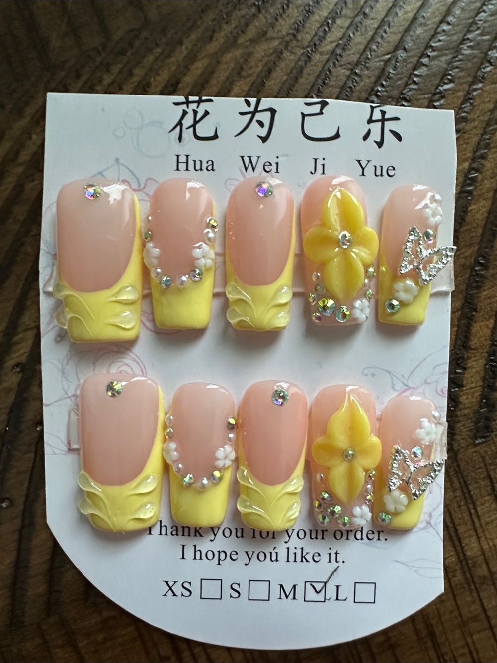 Yellow Floral Rhinestone Press-On Nails - Peach Base